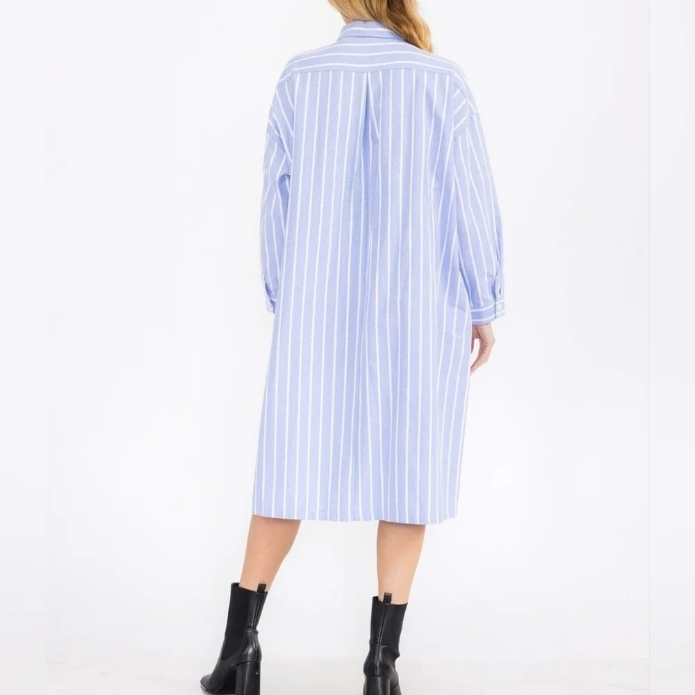 Million‎ Colors Blue Striped Midi Shirt Dress Long Sleeve Linen Cotton